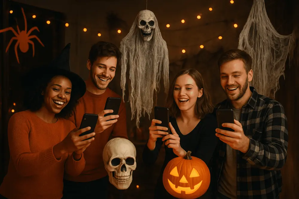 Halloween party scavenger hunt with friends finding decorations