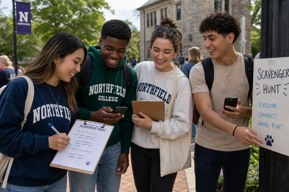 Diverse college students on campus participating in a fun scavenger hunt with clipboards and phones