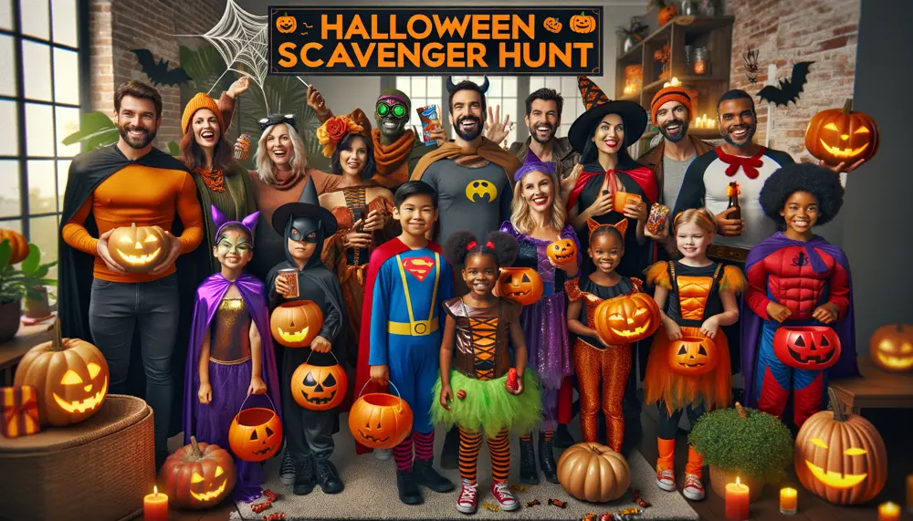 Diverse group of young adults and teenagers collaborating on a mall scavenger hunt, exploring stores and taking photos together