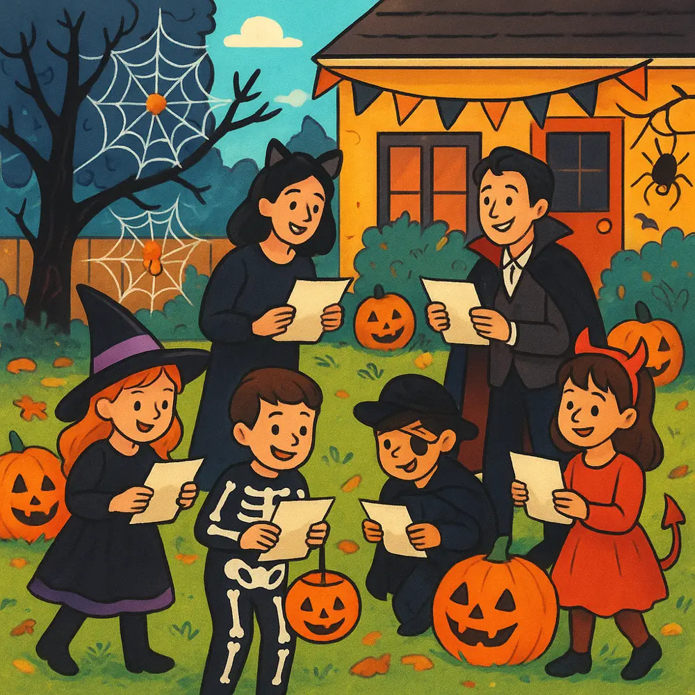 Family enjoying Halloween scavenger hunt with costumes and decorations
