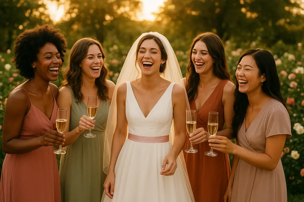 Bridal party celebrating with bride at wedding