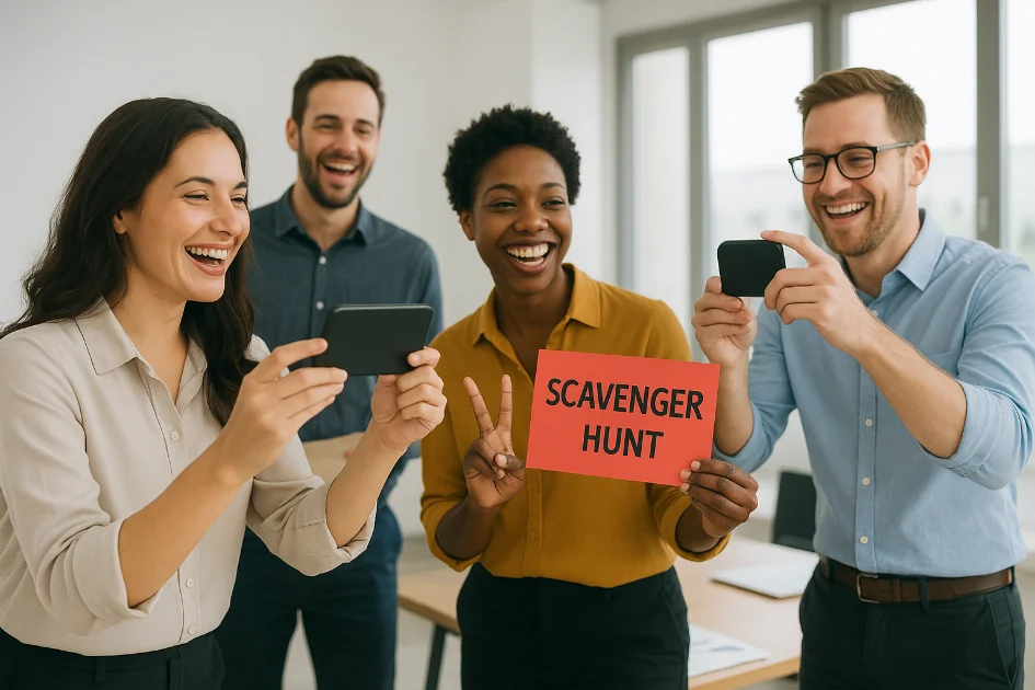 Professional diverse team collaborating on a corporate scavenger hunt activity in a modern office