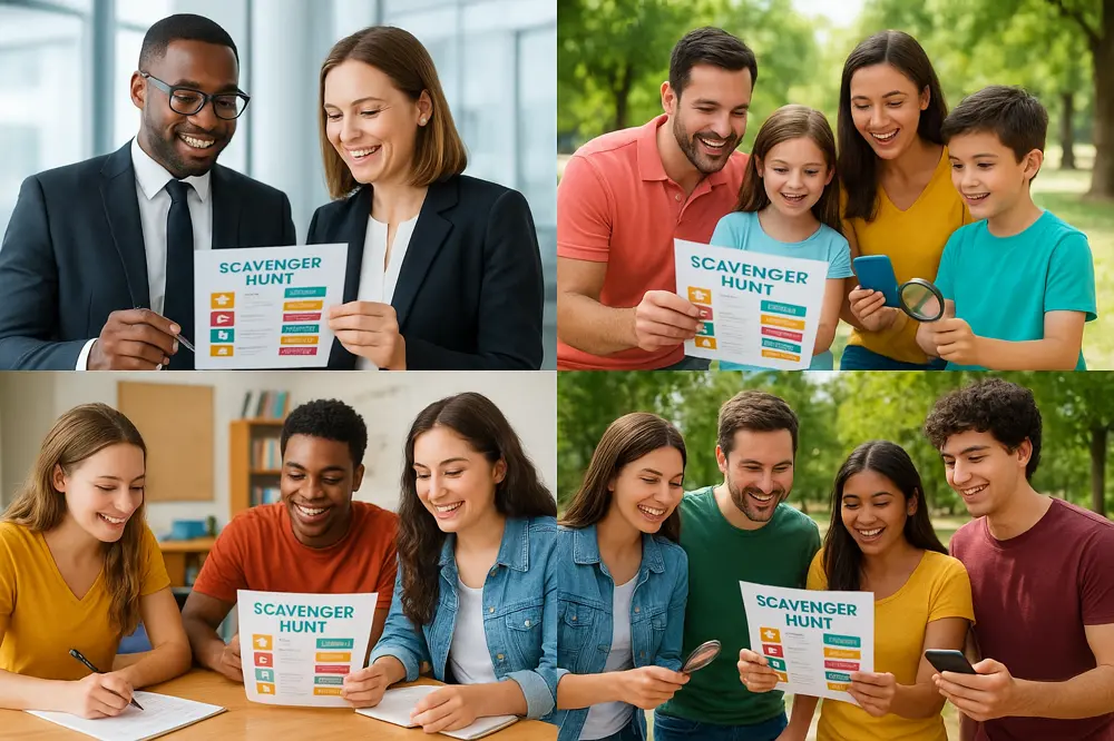 Diverse people customizing personalized scavenger hunt activities for different audiences including corporate teams, families, students, and friends