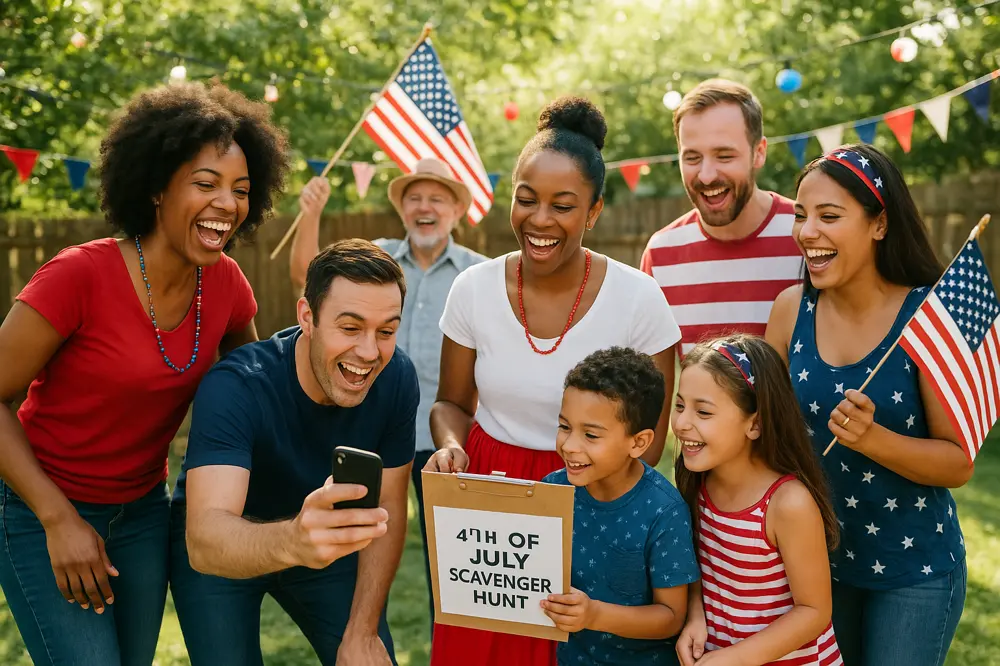 Diverse group celebrating 4th of July with scavenger hunt in backyard