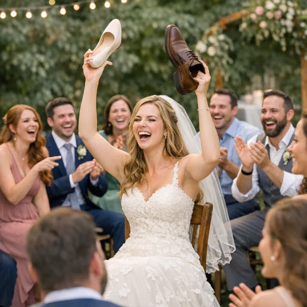 Bride with bridesmaids laughing and celebrating at a wedding