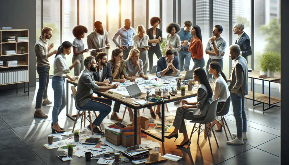 Diverse small team of professionals collaborating on a team building activity in a modern office