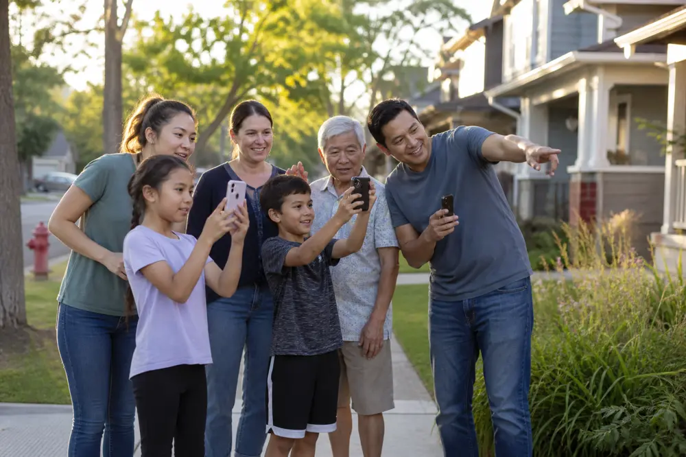 Neighbors of mixed ages on a sidewalk using phones during a scavenger hunt, with houses and a fire hydrant behind them