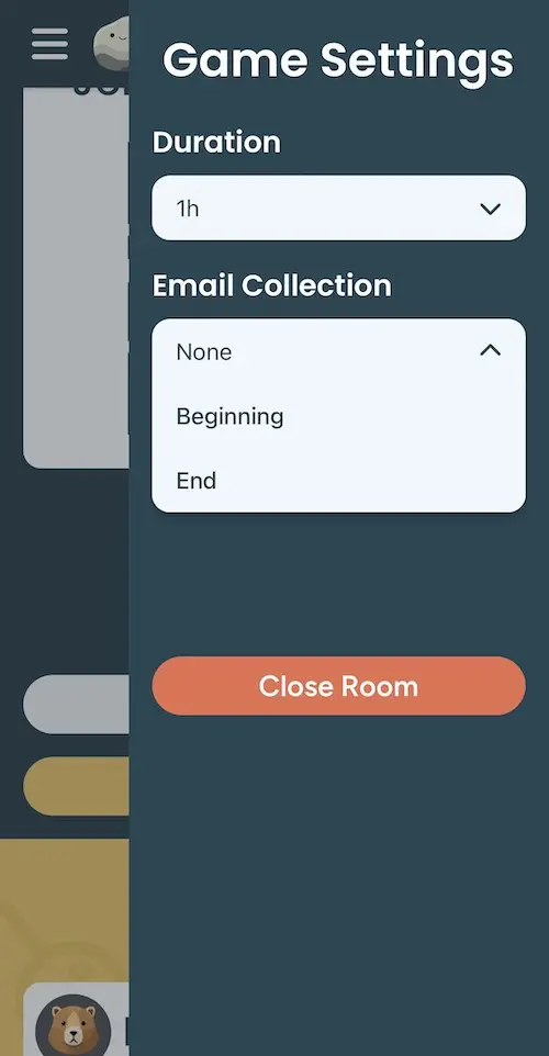 seekr games host settings drawer, email collection, duration