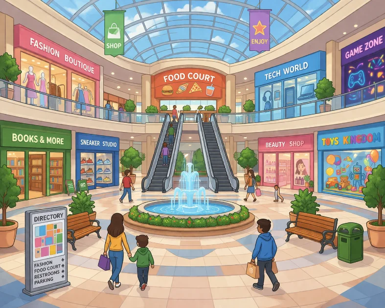 Diverse group of young adults and teenagers collaborating on a mall scavenger hunt, exploring stores and taking photos together