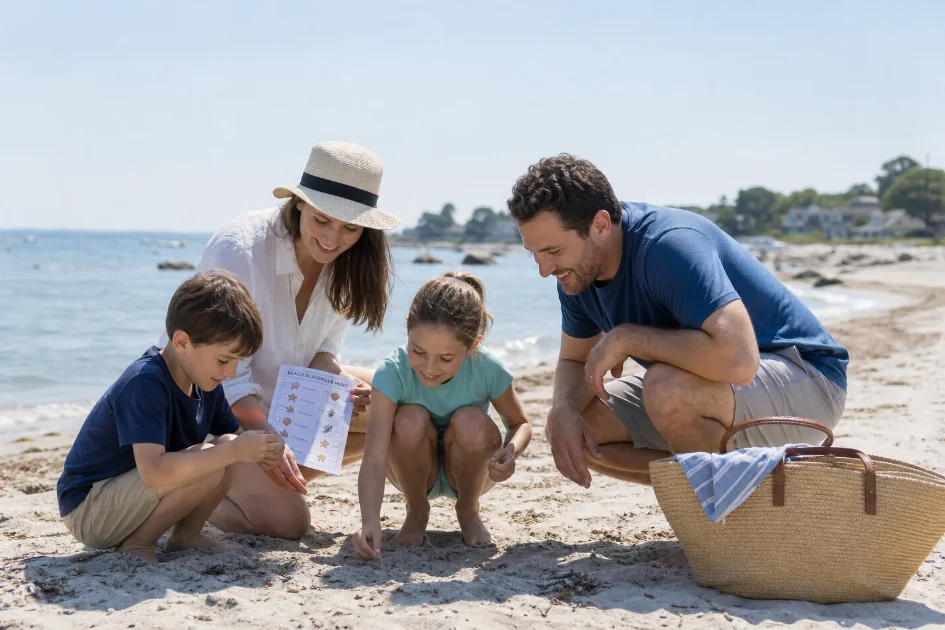 Happy diverse family at a sunny beach discovering buried treasure together with excitement