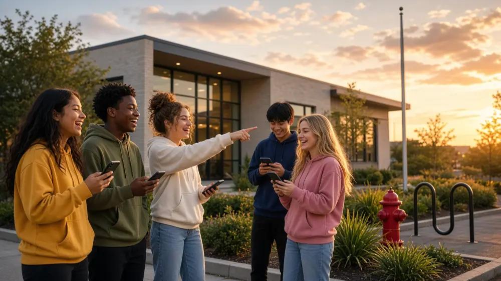 Teens with phones laughing outside a meetinghouse during a youth scavenger hunt at sunset