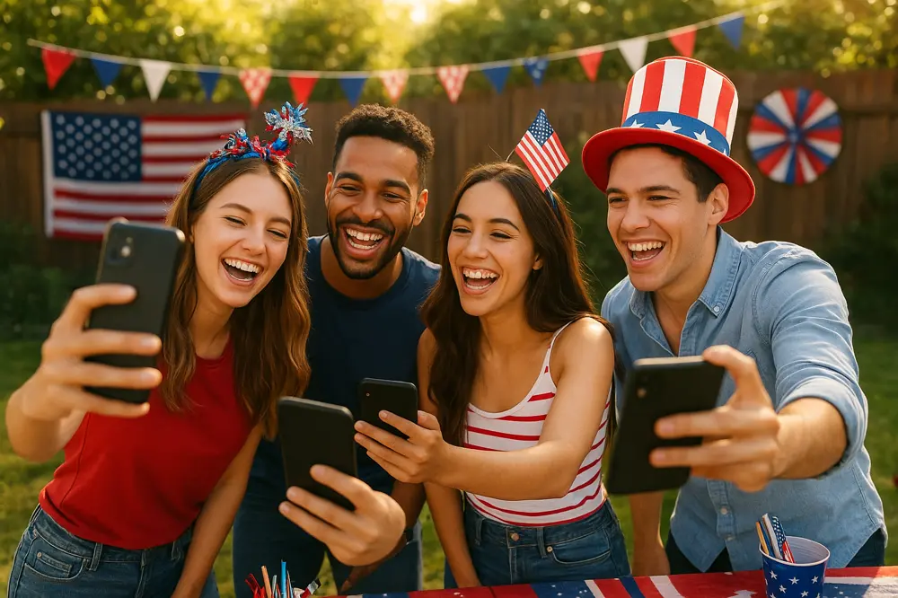 Friends participating in photo scavenger hunt at 4th of July party
