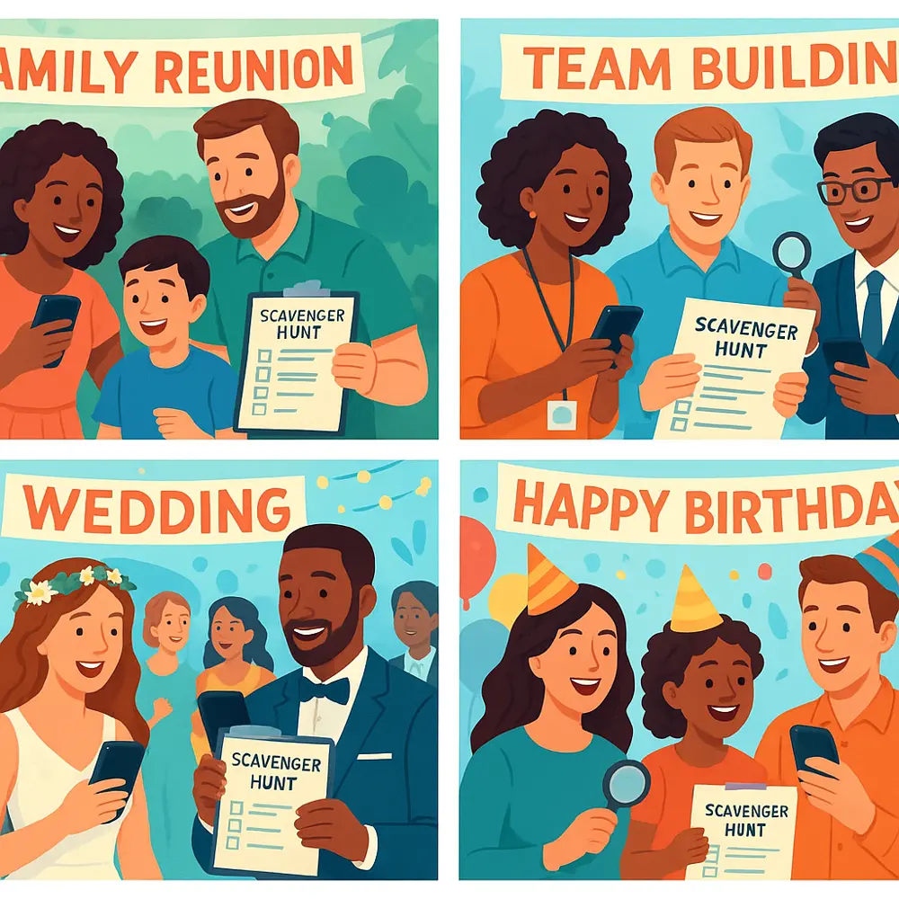 Diverse people enjoying personalized scavenger hunts at various events - families, coworkers, weddings, birthdays