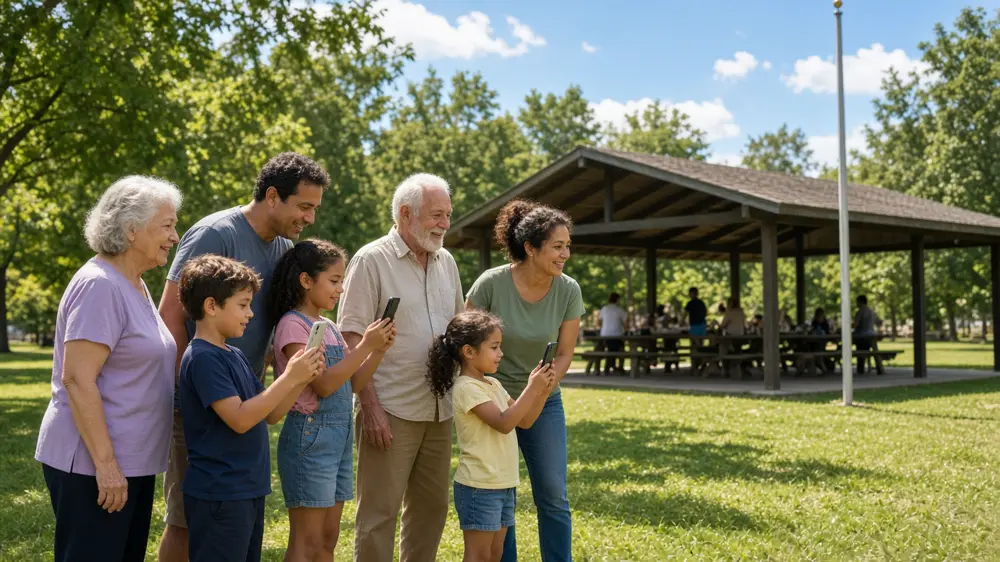Multigenerational family outdoors photographing a picnic pavilion during a reunion scavenger hunt