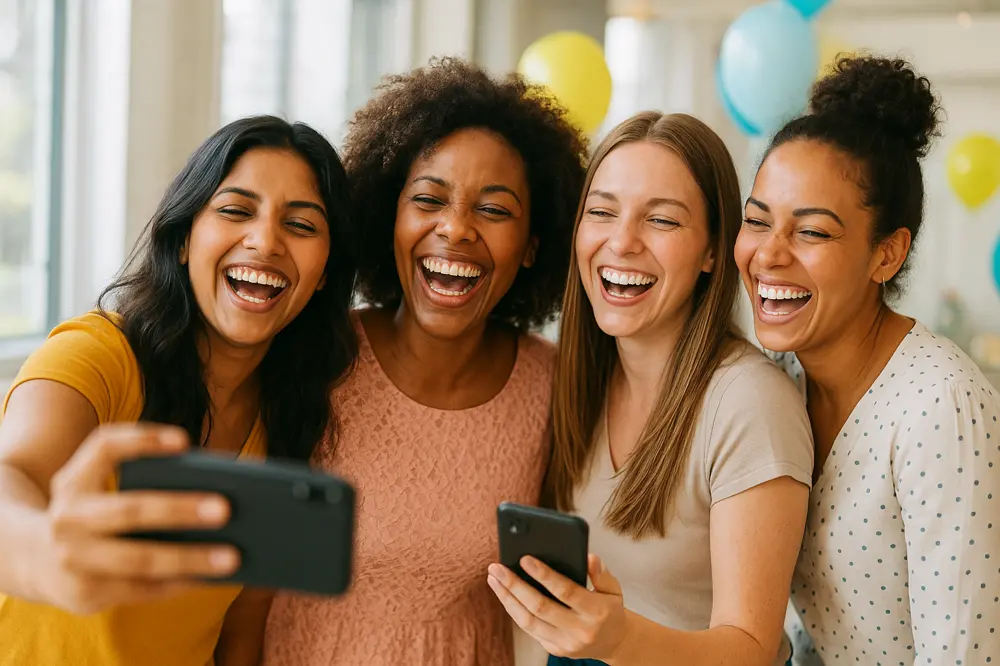 Women laughing and taking selfies at celebration