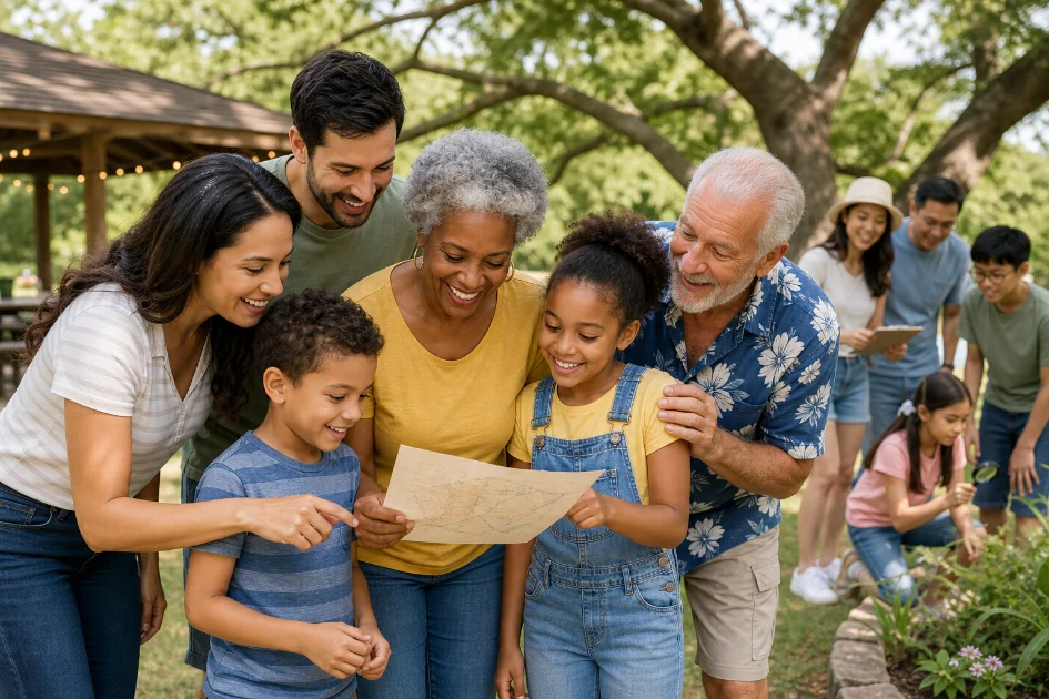 Multigenerational family reunion with grandparents, parents, and children laughing together during a scavenger hunt activity in a sunny park