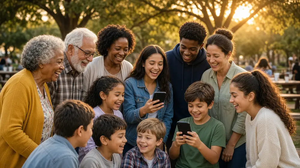 Multigenerational family outdoors looking at phones together during a reunion scavenger hunt