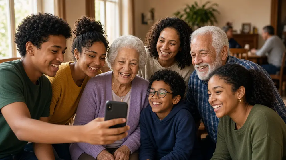 Family members indoors taking a playful group selfie during a reunion scavenger hunt