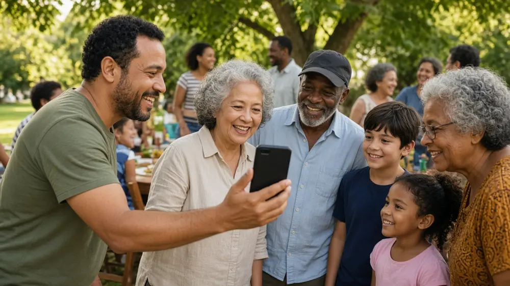 Family reunion host showing a smartphone to relatives of mixed ages outdoors