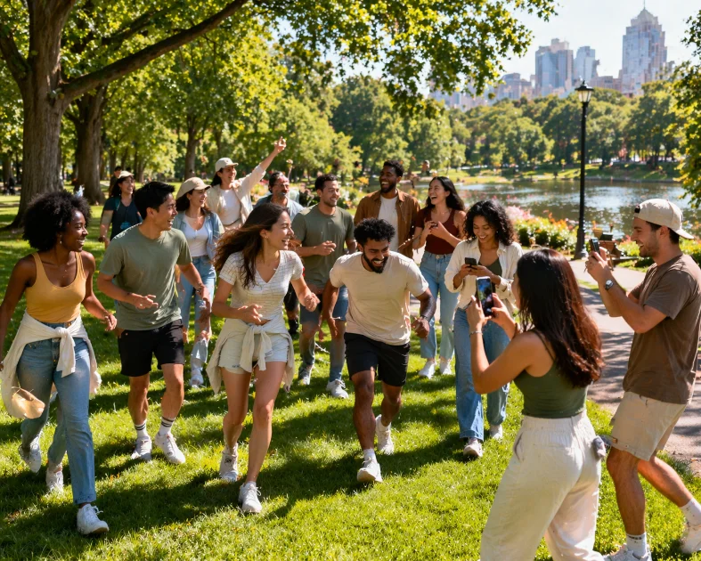 Diverse adults on video call screens participating in an online scavenger hunt