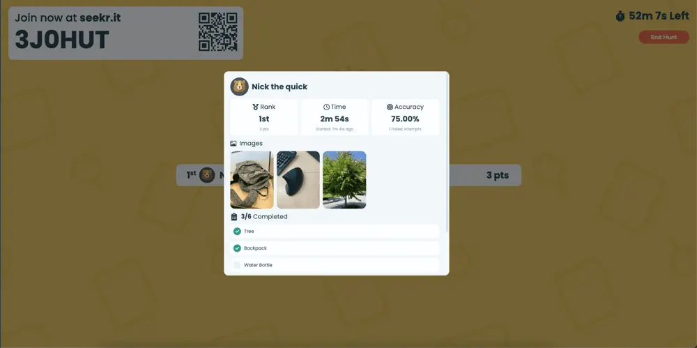 seekr games desktop participant stats, accuracy, completion, images, management