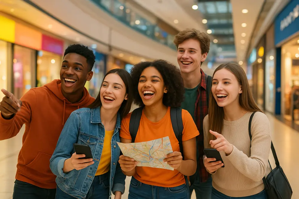 Diverse group of young adults and teenagers shopping at a modern mall on a scavenger hunt, taking photos and having fun together