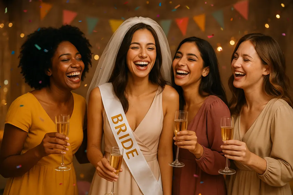 Diverse group of happy women in bachelorette party celebration, bride in center with veil and sash, friends laughing together with champagne and confetti