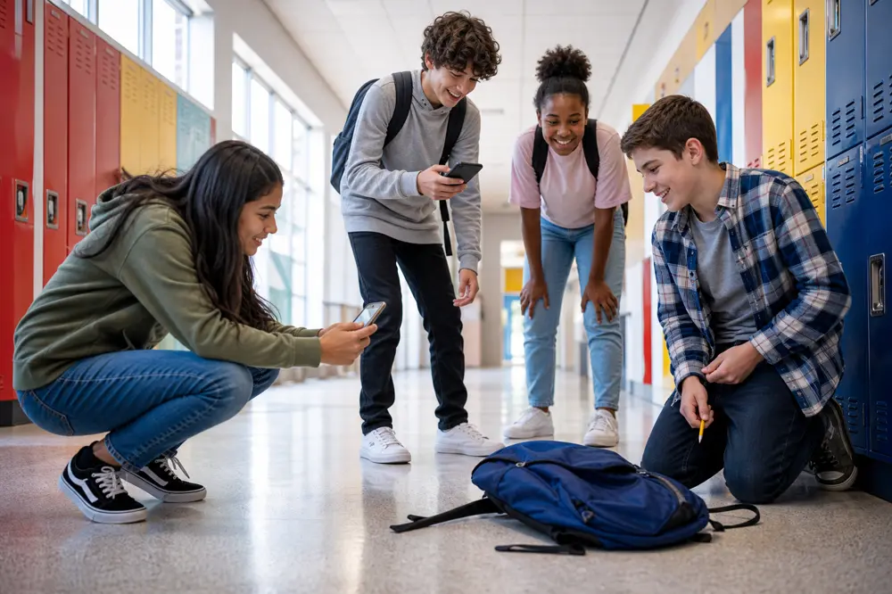 Students in a bright school hallway photographing a backpack during a scavenger hunt