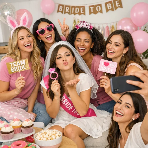 Diverse bride-to-be and friends celebrating at bachelorette party with champagne and confetti
